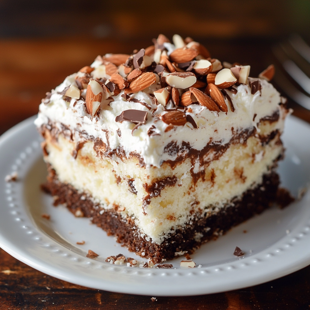 Almond Joy Poke Cake with chocolate, coconut, and almonds