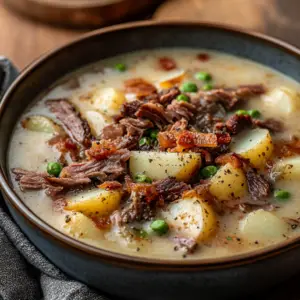 Smoked Brisket Potato Soup with cheddar cheese and green onions