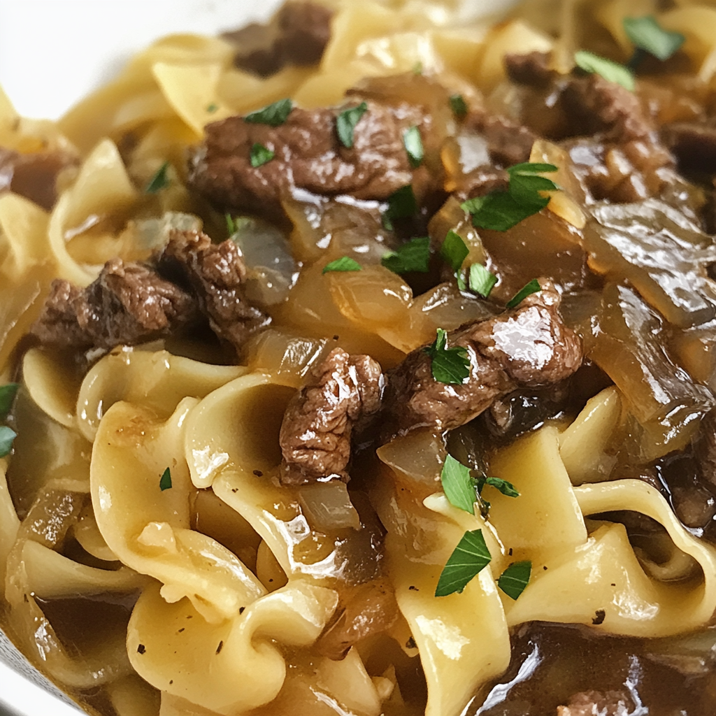 French Onion Beef and Noodles served in a bowl with melted cheese topping.