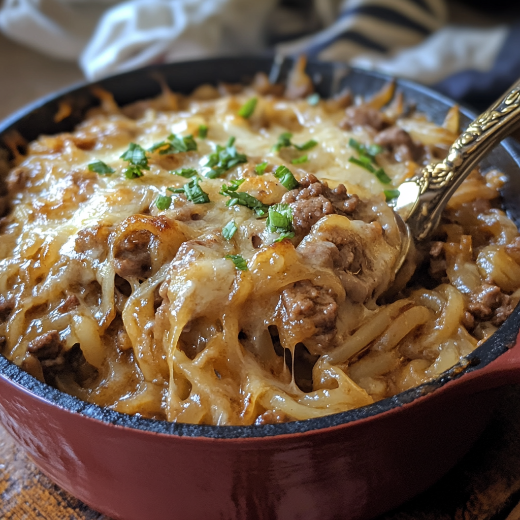 French Onion Beef and Noodles served in a bowl with melted cheese topping.