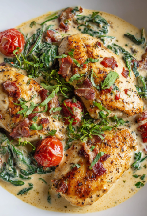 Winter Creamy Tuscan Chicken Recipe Winter creamy Tuscan chicken represents the perfect marriage of Italian sophistication and comforting warmth, delivering elegant flavors that feel restaurant-quality while remaining simple enough for busy weeknight dinners. This exceptional dish combines tender chicken breasts with sun-dried tomatoes, fresh spinach, garlic, and silky cream to create something absolutely delicious that tastes like you've spent hours perfecting it in the kitchen. What makes this recipe truly special is how it transforms basic ingredients into something genuinely memorable through proper technique and thoughtful flavor combinations that work together harmoniously. Whether you're seeking impressive dinner party entrées, family meals that feel special, or simple weeknight solutions that don't compromise on taste or presentation, this creamy Tuscan chicken delivers impressive results that become instant favorites. The combination of tender chicken, sun-dried tomato richness, fresh spinach nutrition, and creamy sauce creates layers of flavor that develop beautifully as everything cooks together, becoming more complex and satisfying with every bite. From the moment you begin searing the first chicken breast to the final moment you plate this restaurant-worthy creation, you'll appreciate how thoughtful cooking and quality ingredients create something genuinely exceptional that tastes far better than takeout. Ingredients This recipe makes 4 generous servings. 4 boneless, skinless chicken breasts (about 6 ounces each) 3 tablespoons extra virgin olive oil (divided) 1 teaspoon sea salt ½ teaspoon black pepper ½ teaspoon garlic powder ½ teaspoon dried Italian seasoning 4 cloves garlic, minced ¾ cup sun-dried tomatoes packed in oil, drained and roughly chopped 1 cup low-sodium chicken broth ½ cup heavy cream ¼ cup dry white wine (optional, can substitute with additional broth) 3 cups fresh spinach, roughly chopped ¼ cup fresh basil, finely chopped (or 1 tablespoon dried basil) 2 tablespoons freshly grated Parmesan cheese 1 tablespoon balsamic vinegar ½ teaspoon red pepper flakes (optional, for subtle heat) 1 teaspoon fresh lemon juice 2 tablespoons unsalted butter Optional toppings: fresh basil leaves, grated Parmesan cheese, pine nuts, extra virgin olive oil Step-by-Step Instructions Prepare the Chicken Pat the chicken breasts dry using paper towels, removing any excess surface moisture that prevents proper browning. Next, dry chicken develops a beautiful, golden crust rather than steaming in its own moisture. In a small bowl, combine the sea salt, black pepper, garlic powder, and dried Italian seasoning, stirring together to create an evenly distributed seasoning blend. Meanwhile, this aromatic mixture infuses the chicken with authentic Italian flavors. Season both sides of the chicken breasts generously with the spice mixture, patting the seasonings into the meat to ensure proper adherence. Allow the seasoned chicken to rest at room temperature for about 10 minutes, letting the seasonings penetrate the meat. Sear the Chicken Heat 1½ tablespoons of the olive oil in a large skillet over medium-high heat until it shimmers and becomes hot enough that a drop of water immediately sizzles upon contact. Next, properly heated oil ensures the chicken browns beautifully rather than steaming. Carefully place the seasoned chicken breasts into the hot skillet, being cautious of any oil splattering. Cook the chicken without moving it for 5 to 6 minutes, allowing the bottom side to develop a beautiful, golden-brown crust. Flip the chicken breasts and cook the second side for another 5 to 6 minutes until the internal temperature reaches 165 degrees Fahrenheit when measured with an instant-read thermometer at the thickest part. Furthermore, the chicken should be opaque throughout with no pink remaining. Transfer the seared chicken to a clean plate and set aside, leaving any flavorful oil in the skillet. Additionally, the chicken doesn't need to be completely cooked through at this stage—it will finish cooking in the creamy sauce. Build the Tuscan Sauce Add the remaining 1½ tablespoons of olive oil to the skillet and heat until it shimmers. Next, add the minced garlic and cook for about 30 seconds, stirring constantly, allowing it to bloom and release its aromatic compounds. Stir in the chopped sun-dried tomatoes, cooking for about 1 minute and stirring frequently. Meanwhile, the sun-dried tomatoes add concentrated tomato flavor, richness, and beautiful color to the sauce. Pour in the low-sodium chicken broth and optional dry white wine if using, scraping up any browned bits stuck to the bottom of the skillet with a wooden spoon. Furthermore, these flavorful fond particles add tremendous depth and richness to the finished sauce. Add the balsamic vinegar and red pepper flakes if using, stirring well to combine all the liquid ingredients thoroughly. Meanwhile, the vinegar adds subtle tanginess that brightens the sun-dried tomato flavor beautifully. Add the Cream and Finish Reduce the heat to medium and stir in the heavy cream, combining it thoroughly with the broth and pan drippings. Next, creating a smooth, unified sauce base ensures the final dish has consistent texture and flavor. Add the fresh spinach, stirring constantly as it wilts into the sauce—this usually takes about 2 to 3 minutes. Furthermore, the spinach adds nutrition and beautiful green color while its mild flavor complements the rich, savory sauce. Return the seared chicken breasts to the skillet, nestling them into the creamy sauce. Next, position the chicken so it's partially submerged in the sauce, allowing it to finish cooking while absorbing all the delicious flavors. Simmer for about 8 to 10 minutes, until the chicken is completely cooked through and the sauce has thickened slightly. Meanwhile, the simmering time allows the chicken to finish cooking gently without drying out. Season and Plate Remove the skillet from heat and stir in the fresh basil, Parmesan cheese, and fresh lemon juice, combining everything thoroughly. Furthermore, the fresh basil adds herbaceous brightness while the cheese contributes savory depth. Taste the dish and adjust seasonings as needed, adding more salt, pepper, basil, or lemon juice according to personal preference. Additionally, individual taste preferences vary, so this final step ensures the dish reflects your specific desires. Add the unsalted butter to the skillet, stirring gently until it melts and creates a silky, luxurious sauce coating. Meanwhile, the butter adds richness and helps create that restaurant-quality appearance and texture. Serve Beautifully Divide the creamy Tuscan chicken and sauce equally among four serving plates, placing one chicken breast on each plate and surrounding it with the creamy sauce and wilted spinach. Next, careful plating creates an impressive presentation that looks restaurant-quality. Garnish each plate with fresh basil leaves, a generous sprinkle of grated Parmesan cheese, toasted pine nuts if desired, and a final drizzle of excellent quality extra virgin olive oil. Finally, these finishing touches add visual appeal, textural interest, and sophisticated flavor that elevates the entire dish. Serving and Storing Tips How to Serve This Creamy Tuscan Chicken First, serve this elegant, impressive chicken immediately after plating while the sauce is still warm and silky, and the spinach maintains its vibrant green color. Additionally, pair it with simple side dishes such as creamy polenta, buttered pasta, or roasted vegetables that complement the rich sauce beautifully. Furthermore, this dish works wonderfully alongside a simple green salad featuring peppery arugula or mixed greens with light vinaigrette for textural contrast. For more substantial plates, serve alongside crusty bread or garlic bread for soaking up the delicious creamy sauce. Alternatively, present the chicken over pasta such as pappardelle or fettuccine, allowing the sauce to coat every strand beautifully. Storing Your Creamy Tuscan Chicken Next, allow the chicken and sauce to cool to room temperature before transferring to airtight containers for refrigerator storage, where it keeps beautifully for up to 3 days. Additionally, the flavors actually develop and deepen after the first day, making leftovers increasingly delicious and sophisticated. Furthermore, this dish reheats wonderfully in a skillet over medium heat, stirring occasionally and adding a splash of chicken broth if the sauce becomes too thick. Alternatively, you can reheat it gently in the oven covered at 325 degrees for about 15 to 20 minutes until heated through completely. For freezing, allow the chicken and sauce to cool completely, then transfer to a freezer-safe container where it keeps beautifully for up to 2 months—thaw overnight in the refrigerator before reheating gently. Helpful Notes and Variations Ingredient Substitutions and Adjustments Meanwhile, if you prefer lighter cream, use half-and-half or milk exclusively instead of heavy cream, though the final dish will be slightly less rich and velvety. For those avoiding dairy entirely, substitute heavy cream with full-fat coconut milk or cashew cream, maintaining the same volume. Additionally, if fresh spinach isn't available, frozen spinach works beautifully when thawed and excess moisture is removed—simply add it directly without additional cooking time. For a more budget-friendly version, use chicken thighs instead of breasts; they're more forgiving and stay moister even with slight overcooking. Creative Variations to Explore To create a mushroom Tuscan chicken, add sliced cremini or portobello mushrooms sautéed with the garlic before adding the broth. Additionally, you might make a roasted red pepper Tuscan chicken by adding roasted red peppers and replacing sun-dried tomatoes with fresh roasted versions. For a spicier version, increase the red pepper flakes significantly and add fresh diced jalapeños. Furthermore, create a prosciutto Tuscan chicken by wrapping each chicken breast with a slice of prosciutto before searing for added flavor and elegance. Another wonderful option is to make a pine nut and raisin Tuscan chicken by toasting pine nuts and soaking raisins in warm broth, then folding them into the sauce just before serving. Common Mistakes to Avoid First, don't skip the step of patting the chicken dry—excess moisture prevents proper browning and creates steamed chicken rather than beautifully seared meat. Additionally, avoid cooking the chicken completely before adding it to the sauce; searing it partially allows it to finish cooking gently in the cream without drying out. Furthermore, don't add the fresh basil and spinach until the very end—their delicate flavor is best preserved by minimal cooking time. Another common error is over-reducing the sauce, which concentrates flavors too intensely and creates a texture that's too thick. Finally, don't skip the finishing touches of fresh basil, Parmesan, and quality olive oil—these elements transform simple creamy chicken into something genuinely exceptional and restaurant-worthy. Chef Tips The secret to exceptional creamy Tuscan chicken lies in properly searing the chicken to develop a golden crust that locks in juices, then finishing it gently in the creamy sauce rather than cooking it completely beforehand. Additionally, for the most sophisticated flavor, use sun-dried tomatoes packed in excellent oil and add fresh basil, Parmesan, and quality olive oil at the very end to preserve their delicate, vibrant qualities. Frequently Asked Questions Can I make this dish with chicken thighs instead of breasts? Absolutely! Chicken thighs are more forgiving and stay incredibly moist even if slightly overcooked. Simply cut them into bite-sized pieces and increase cooking time by about 5 to 7 minutes since thighs are thicker and require longer cooking. What if I don't have sun-dried tomatoes available? Roasted red peppers, fresh diced tomatoes, or canned crushed tomatoes can substitute beautifully, though each creates a slightly different flavor profile. Experiment with your favorite options to create your preferred version. Can I make this dish dairy-free and vegan? Yes! Substitute heavy cream with full-fat coconut milk or cashew cream, omit the Parmesan, and use plant-based butter. The dish will be equally delicious with adjusted seasonings and flavors. How do I prevent the cream from separating or curdling? Keep the heat at medium or below once the cream is added, avoid boiling vigorously, and don't overcook the sauce. Adding a touch of cornstarch mixed with water can also help stabilize the sauce if needed. Can I prepare this dish ahead and finish it later? Yes! Sear the chicken and prepare the sauce base through adding the cream, then cool and refrigerate for up to 1 day. When ready to serve, reheat gently, add the spinach and basil, then serve as directed. Conclusion Winter creamy Tuscan chicken proves that elegant, restaurant-quality meals can be prepared at home without requiring extensive cooking skills or excessive time in the kitchen. This exceptional dish showcases how quality ingredients and proper technique transform simple components into something genuinely memorable and absolutely delicious. From the moment you sear the first chicken breast to the final moment you savor the creamy, herb-infused sauce, you'll appreciate how thoughtful cooking creates meals that feel indulgent while remaining accessible to home cooks. Whether you're seeking impressive dinner party entrées, special family meals, or elegant weeknight solutions, this creamy Tuscan chicken delivers reliable, consistent results that taste absolutely exceptional. Did you absolutely love making this winter creamy Tuscan chicken? Please save this recipe, pin it to your elegant dinner board, or share it with friends and family who would adore this sophisticated, creamy, and delicious dish. We'd genuinely love to hear from you—drop a comment below and tell us if you tried a creative variation, served it at a special gathering, or discovered your own favorite side dish pairing that became a household favorite. Your feedback and shares inspire us to continue creating delicious, approachable recipes that bring joy and sophistication to your kitchen!